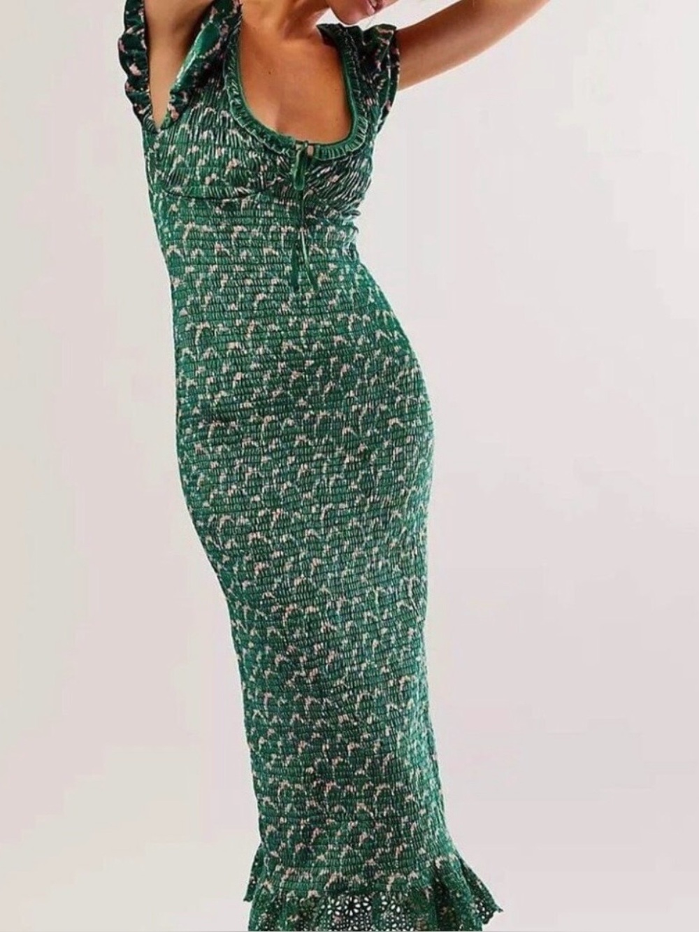 Green Smocked Knit Midi Dress with Ruffle Hem
